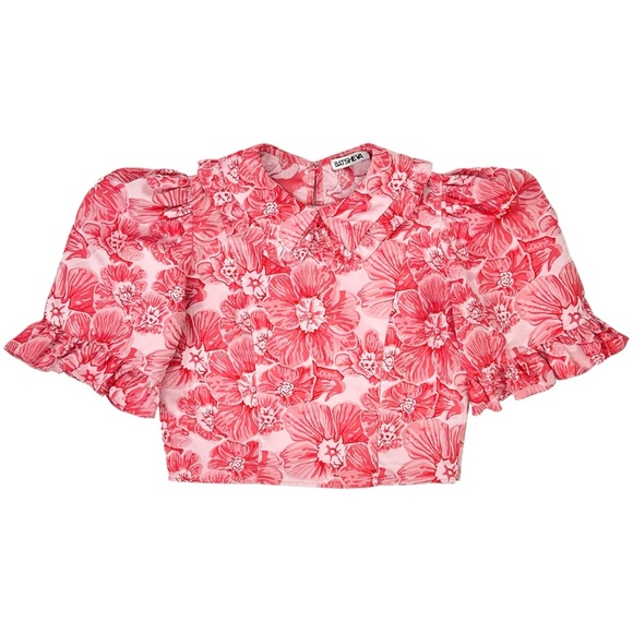 BATSHEVA Red Floral Ruffled Peter Pan Collar Puff Sleeve Crop Top sz 4